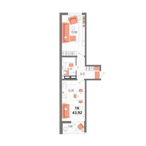 1-к квартира, строящийся дом, 44м2, 9/13 этаж