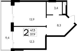 2-к квартира, строящийся дом, 47м2, 7/12 этаж