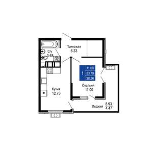 1-к квартира, строящийся дом, 38м2, 11/14 этаж