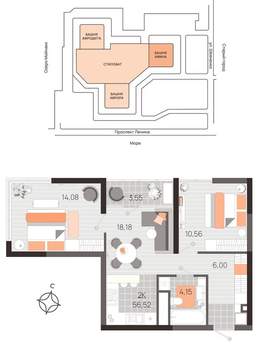 2-к квартира, вторичка, 57м2, 9/21 этаж