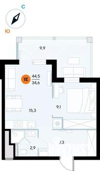 1-к квартира, строящийся дом, 44м2, 3/7 этаж