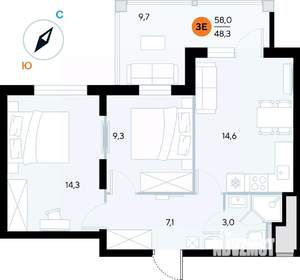 2-к квартира, строящийся дом, 58м2, 4/7 этаж