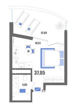 Студия квартира, строящийся дом, 37м2, 10/22 этаж