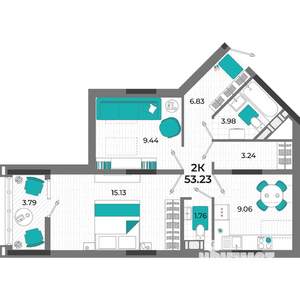 2-к квартира, вторичка, 53м2, 6/13 этаж