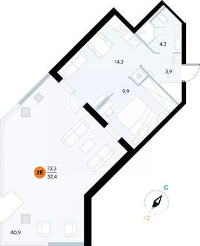 1-к квартира, строящийся дом, 73м2, 1/7 этаж