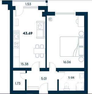 2-к квартира, строящийся дом, 44м2, 2/8 этаж