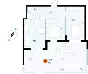 2-к квартира, строящийся дом, 90м2, 1/7 этаж