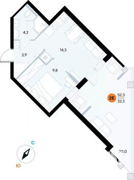 1-к квартира, строящийся дом, 52м2, 2/7 этаж