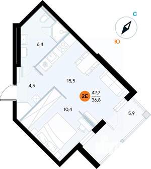 1-к квартира, строящийся дом, 43м2, 4/7 этаж
