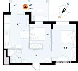 2-к квартира, строящийся дом, 59м2, 2/7 этаж