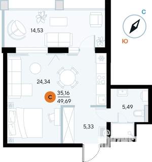 Студия квартира, строящийся дом, 50м2, 2/9 этаж