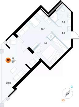 1-к квартира, строящийся дом, 52м2, 2/7 этаж