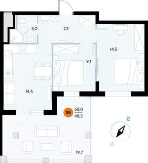 2-к квартира, строящийся дом, 68м2, 2/7 этаж