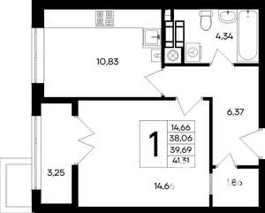 1-к квартира, строящийся дом, 41м2, 1/9 этаж