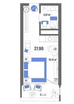 Студия квартира, строящийся дом, 28м2, 18/22 этаж