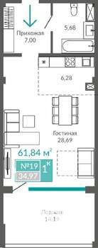 1-к квартира, строящийся дом, 62м2, 3/9 этаж