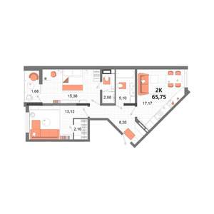 2-к квартира, вторичка, 66м2, 2/13 этаж