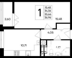 1-к квартира, строящийся дом, 37м2, 4/9 этаж