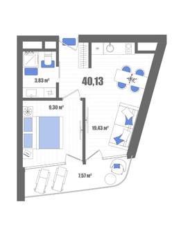 1-к квартира, строящийся дом, 40м2, 19/22 этаж