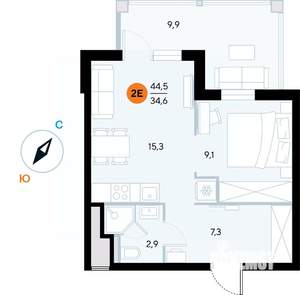 1-к квартира, строящийся дом, 44м2, 5/7 этаж