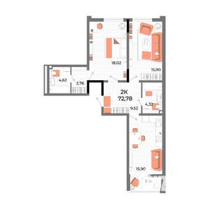 2-к квартира, строящийся дом, 71м2, 1/13 этаж
