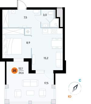 1-к квартира, строящийся дом, 52м2, 3/7 этаж