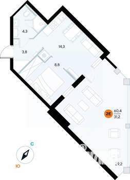 1-к квартира, строящийся дом, 60м2, 2/7 этаж