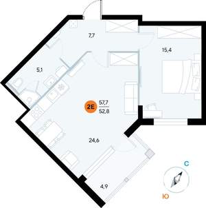 1-к квартира, строящийся дом, 57м2, 3/7 этаж