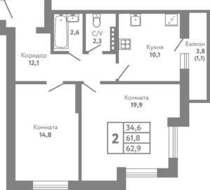 2-к квартира, вторичка, 63м2, 3/8 этаж