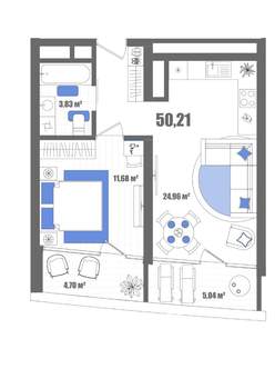 1-к квартира, строящийся дом, 50м2, 18/22 этаж