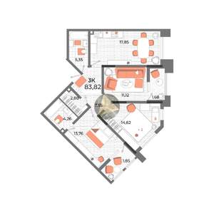 3-к квартира, вторичка, 84м2, 7/13 этаж