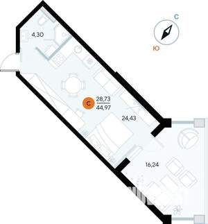 Студия квартира, строящийся дом, 45м2, 1/7 этаж
