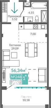 1-к квартира, строящийся дом, 56м2, 9/10 этаж