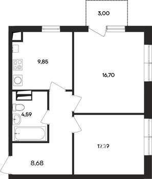 2-к квартира, строящийся дом, 55м2, 3/4 этаж