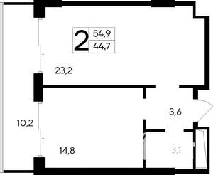 2-к квартира, строящийся дом, 55м2, 6/12 этаж
