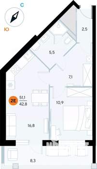 1-к квартира, вторичка, 51м2, 1/6 этаж