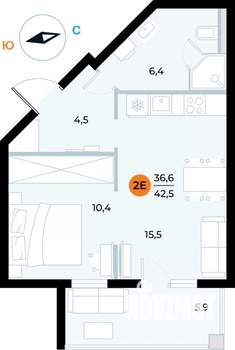 1-к квартира, вторичка, 43м2, 4/6 этаж