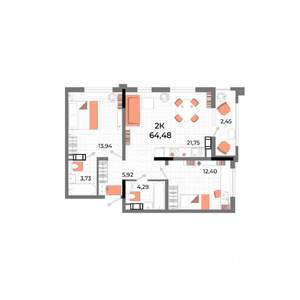2-к квартира, вторичка, 64м2, 4/13 этаж