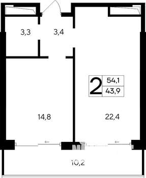 2-к квартира, строящийся дом, 54м2, 10/12 этаж