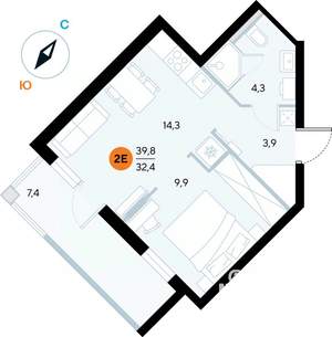 1-к квартира, строящийся дом, 39м2, 3/7 этаж