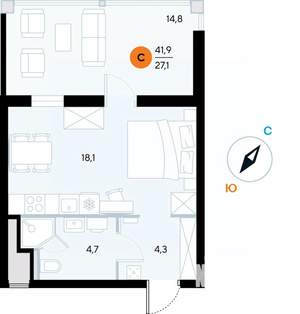 Студия квартира, строящийся дом, 42м2, 6/7 этаж
