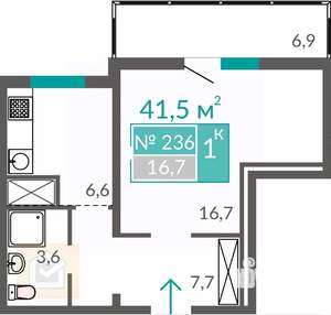 1-к квартира, вторичка, 42м2, 7/10 этаж