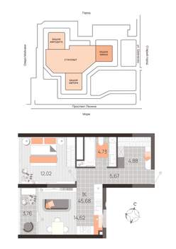 1-к квартира, вторичка, 46м2, 12/21 этаж