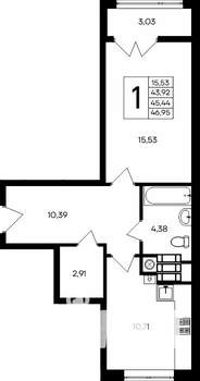 1-к квартира, строящийся дом, 47м2, 4/9 этаж