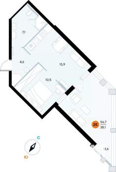 1-к квартира, строящийся дом, 56м2, 2/7 этаж