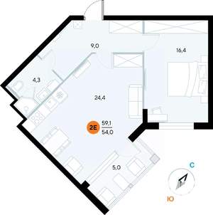 1-к квартира, строящийся дом, 59м2, 4/7 этаж