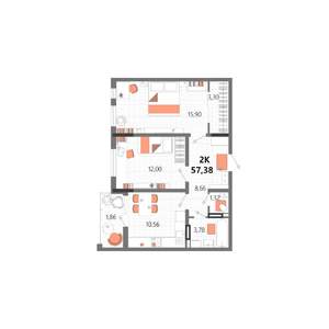 2-к квартира, строящийся дом, 57м2, 4/13 этаж