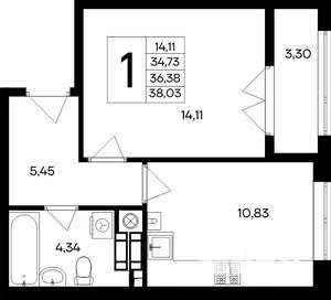 1-к квартира, строящийся дом, 41м2, 6/9 этаж