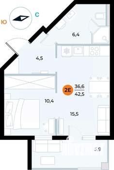 1-к квартира, вторичка, 43м2, 3/6 этаж