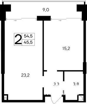 2-к квартира, строящийся дом, 55м2, 7/12 этаж